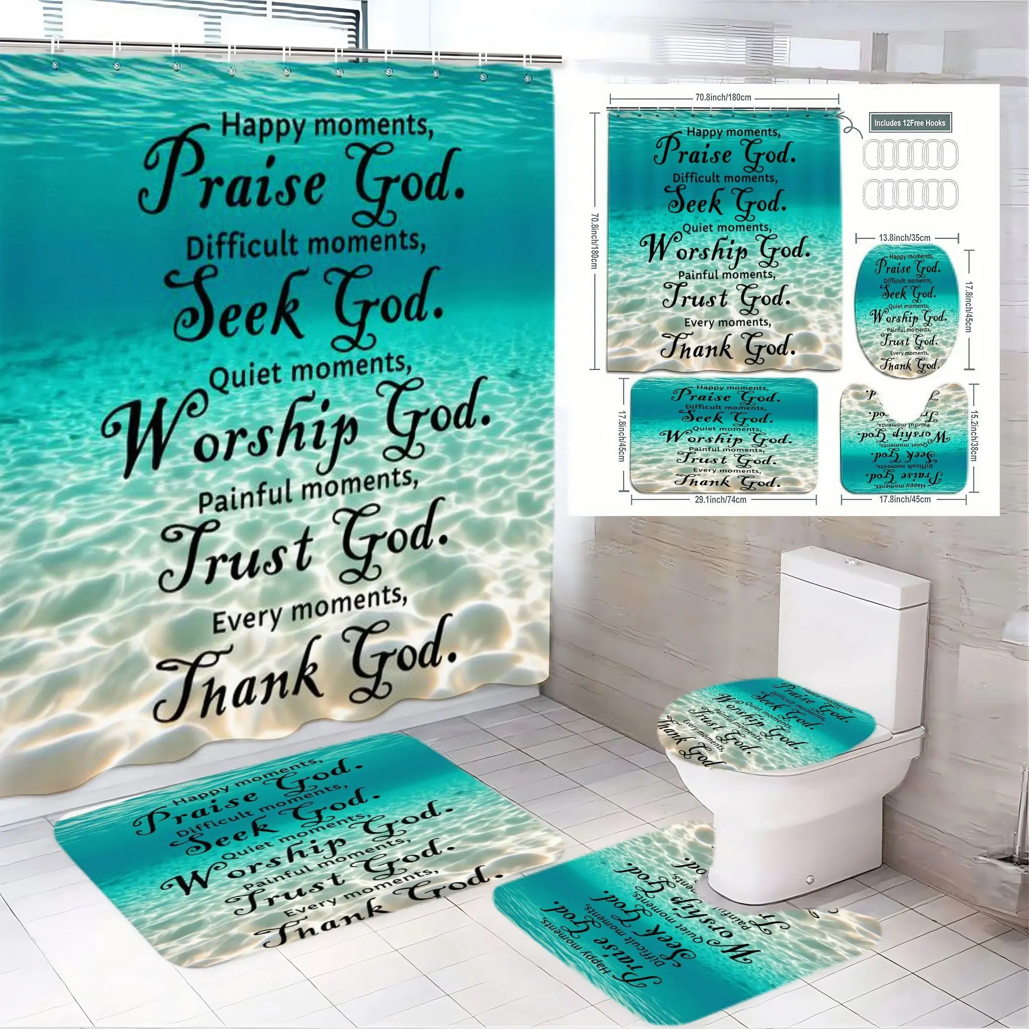 4pcs Underwater Ocean-Themed Shower Curtain Set, The floor mat fabric is thicker and softer! Inspiring Religious Quotes, Turquoise Water Design, Serene Bathroom Decor, Ideal for Relaxation, Bathroom Decoration Accessories