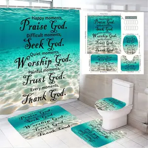 4pcs Underwater Ocean-Themed Shower Curtain Set, The floor mat fabric is thicker and softer! Inspiring Religious Quotes, Turquoise Water Design, Serene Bathroom Decor, Ideal for Relaxation, Bathroom Decoration Accessories