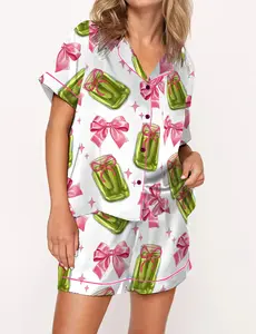 Coquette Pickles Pajama Set Satin For Women Print Comfy Sleepwear Satin & Loungewear Pjs Printing Silky Short Pjs & Long Sleeves Pjs