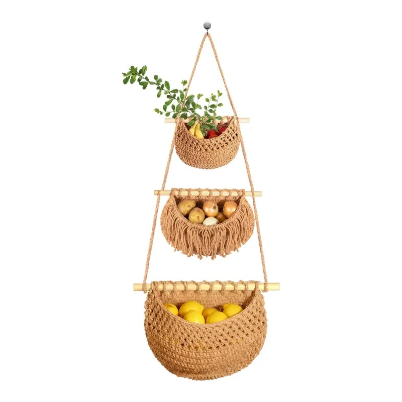 3 Tier Hanging Fruit Basket, Jute Wall Baskets, Hanging Produce Baskets for Storage Fruits and Vegetables, Hanging Basket Wall for Kitchen, Bedroom, Bathroom (Brown)