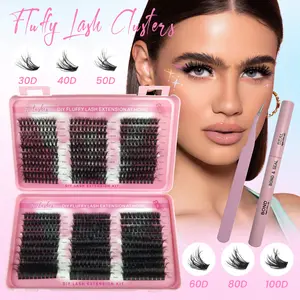 3 in 1 set 600 pcs Fluffy Lash Clusters Eyelash Extensions Kit with Tweezers Bond & Seal 8-16mm Light Volume Wispy Professional Makeup Lashes Easy DIY Non Irritating High Quality 3D Lash Bottom Supplies Set