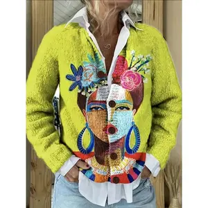Vibrant 3D Face Print Cardigan - Chic Button-Up Knit Sweater with Floral & Geometric Print Patterns, Lightweight Polyester, Round Neck, Long Sleeve - Perfect for Spring & Fall Casual Wear 2025Autumn and winter fashion clothing