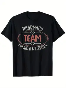 Pharmacist Week Technology Matching T-shirt-pharmacy team makes difference graphics, black with pink and white design, short sleeves, round neck, regular version, men and women all, Thanksgiving, relaxed style, for young people, party look