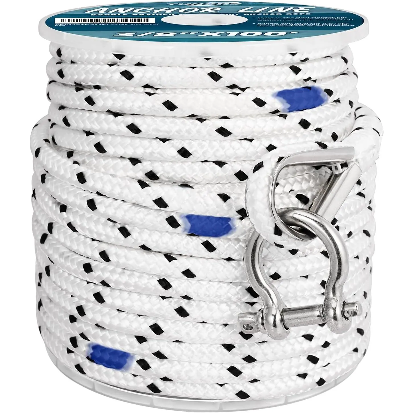 3/8 Inch x 150FT Black Nylon Braided Rope with Thimble, Depth Markers (White Variant), Feet Length