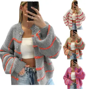 Kingapril Womens Striped Cardigan Sweaters Casual Open Front Long Sleeve Button Down Knit Outwear