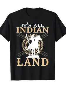 Men'S & Women'S Native American Horse Rider & It'S All Indian Land Graphic T-Shirt |   100% Soft Breathable Loose Fit Crew Neck Short Sleeve Cultural Print with Horseback Riding Design Casual Style for Men and Women All-season Wear Vintage Style