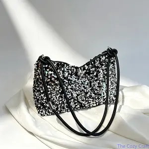 Trendy Sequined Baguette Bag for Women, Stylish Minimalist Shoulder Crossbody Purse, Chic Large Capacity Handbag, Versatile Everyday Fashion Bag for Casual & Party Looks