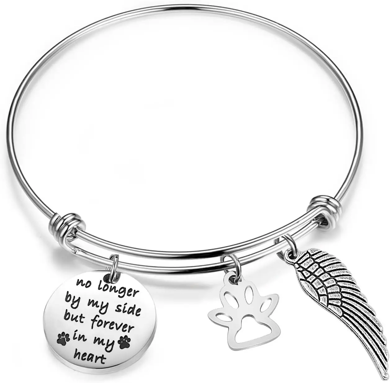 Pet Memorial Gift No Longer by My Side But Forever in My Heart Bracelet with Paw Print Angel Wing Charms in Memory of Pet