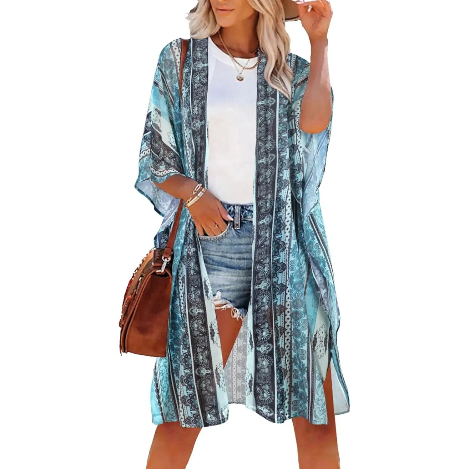 Women's Open-Front Kimono Cardigan with Loose Sleeves, Boho Summer Beach Coverup in Blue, Orange, White Ethnic Print, Bathing Suit Coverup, Swimsuit Cover Up, Hand Wash, Swimsuit Coverup, Soft Fabric