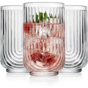 Drinking Glasses Set of 8. 17oz  Drinking Cups. Ripple  Glasses, Ribbed Drinking Highball Glass Cups. Arch Designed Art Deco Glassware for Water Juice Coffee. Package may Vary