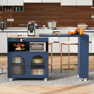 56.3" Kitchen Island with Extendable Dining Table, Rolling Kitchen Cabinet with LED Lights,Power Outlets and 2 Fluted Glass Doors and Side 3 Open Shelves - Navy Blue