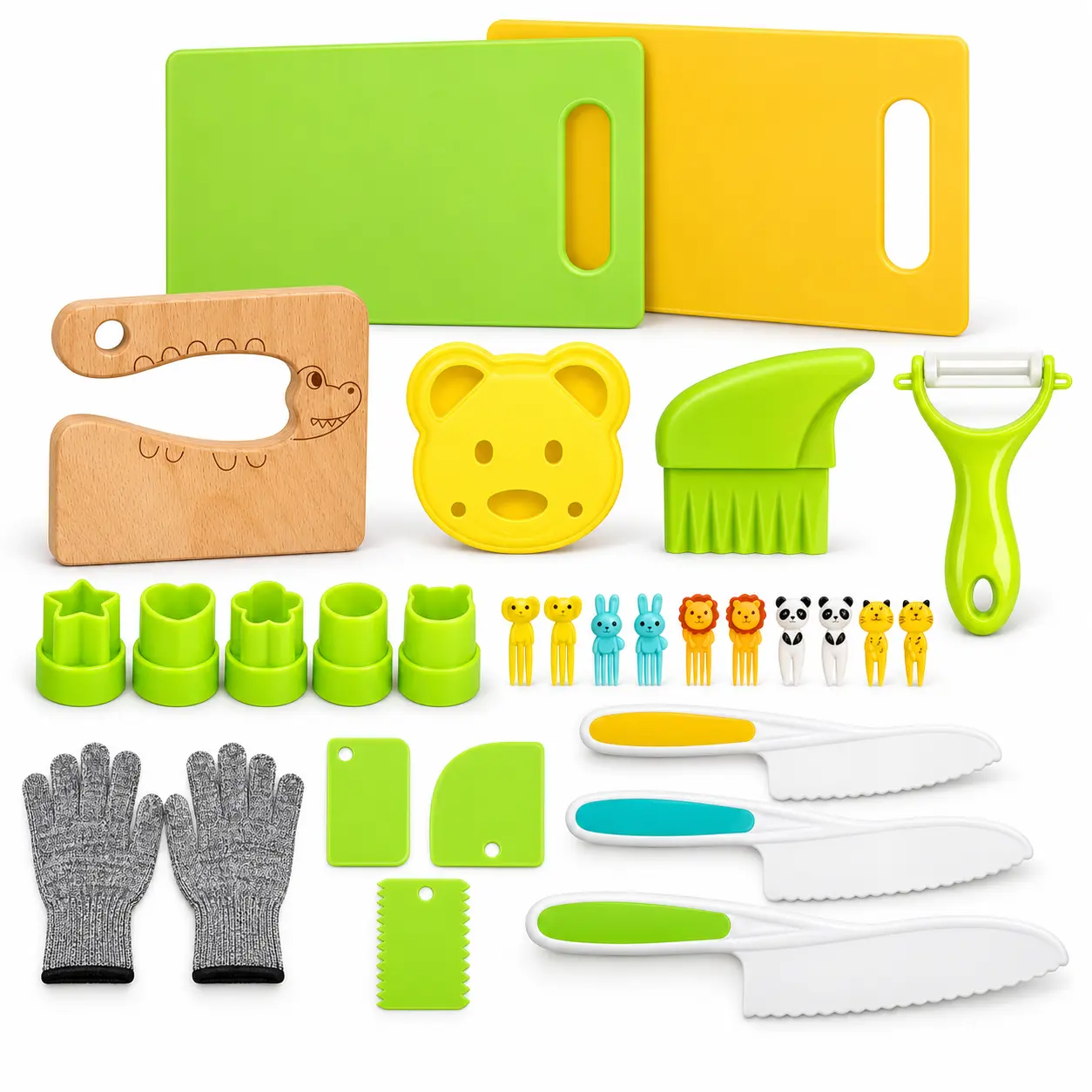 Wooden Montessori Kids Knife Set - Kid-Safe Real Cooking Tools, Play Kitchen Accessories with Sandwich Cutter for 6-10 Year Olds, Christmas Gift