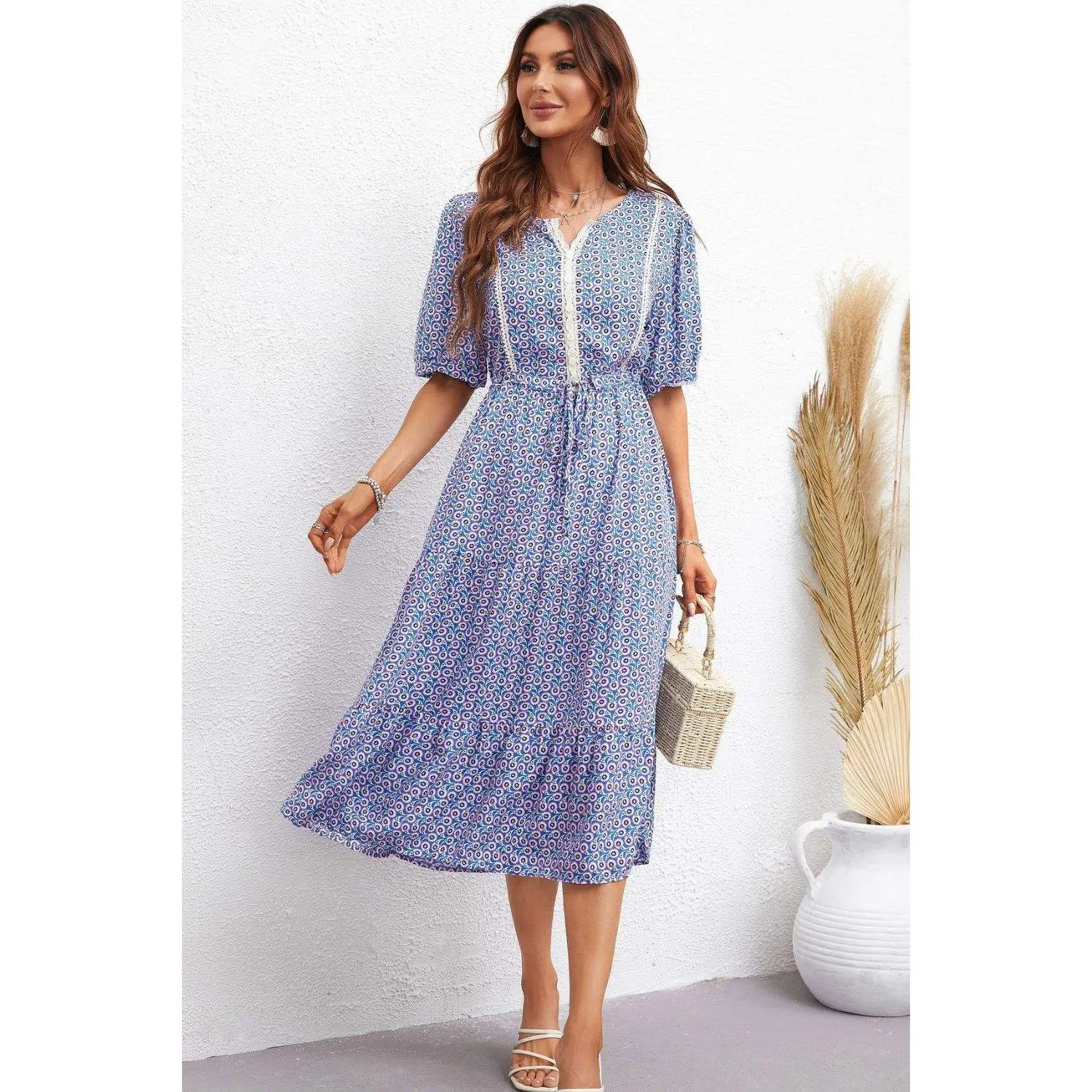 Printed Drawstring Waist Notched Neck Dress
