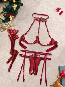 Fashion Sexy Fitted Lingerie Set, Backless Design with Contrasting Lace, Lightweight Fabric, Perfect for Halloween & Christmas Celebrations