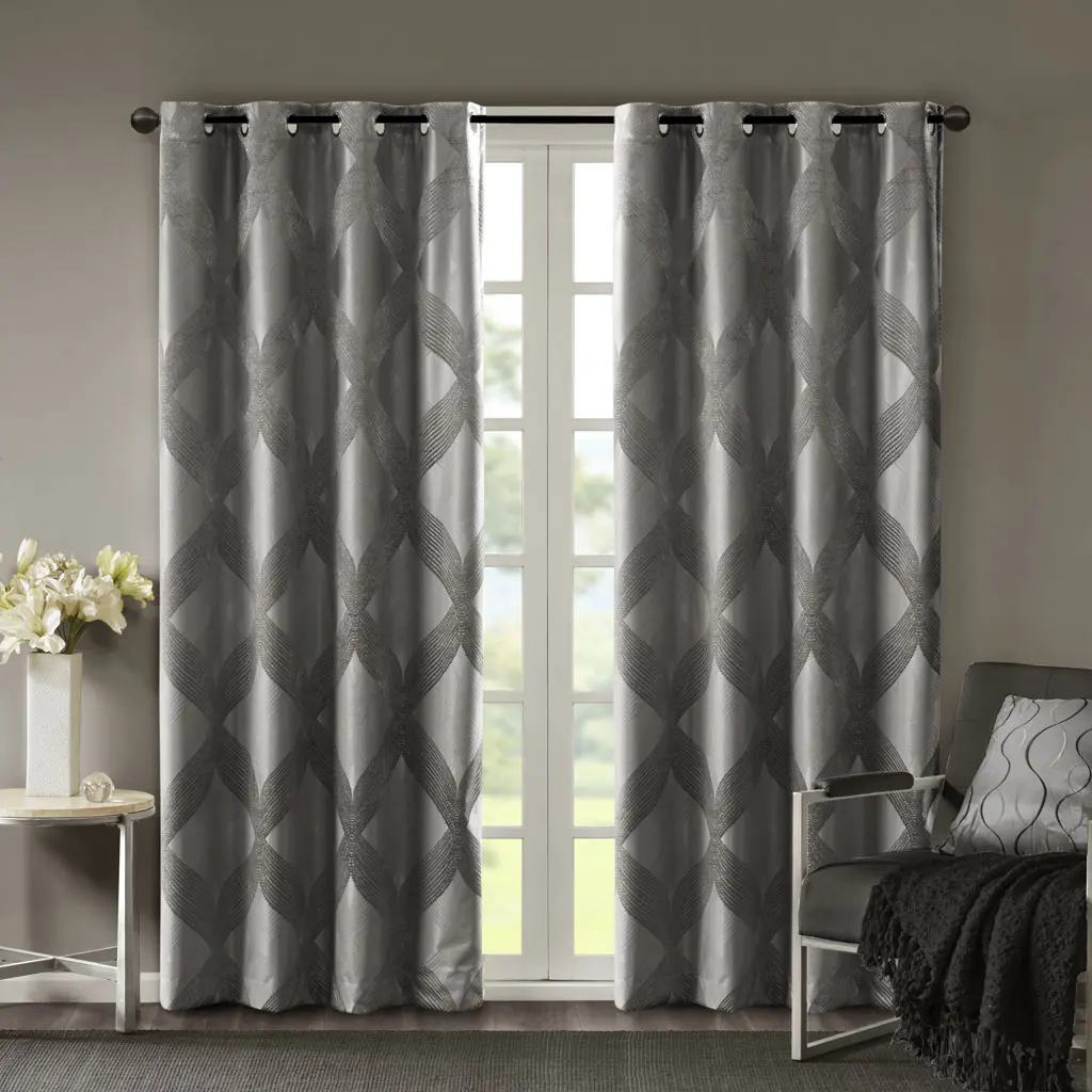 SunSmart Bentley Ogee Knitted Jacquard Weave Curtain Panel - Charcoal, Heavyweight Total Blackout, Energy Efficient, Luxe, Machine Washable, 50x95/50x108 in, for Media Room, Bedroom, Machine Wash