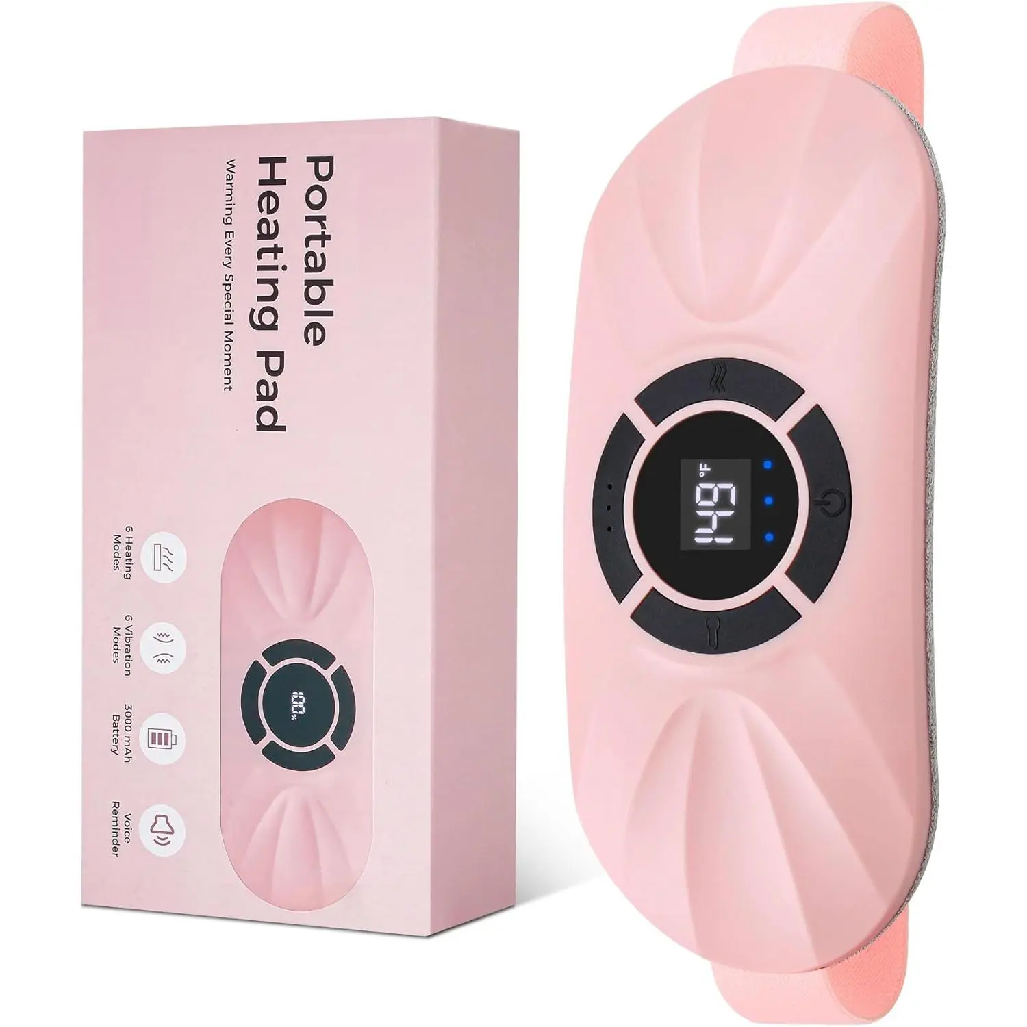 Portable Cordless Heating Pad for Period Cramps, Voice Reminder Menstrual Heating Pad with 6 Heat Levels and 6 Massage Modes, 3s Fast Heating, Gifts for Women Girls, Pink