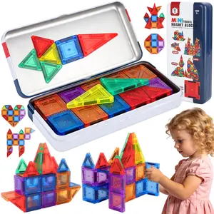 Mini Magnetic Tiles, 56PCS/45PCS/40PCS Magnetic Building Blocks with Iron Box, Magnet Toys Travel Size On-The-Go Construction Set STEM Travel Toys for Boys and Girls Ages 3+