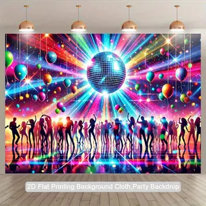 2D Flat, 1pc Vibrant Disco Ball Party Backdrop - Colorful Polyester Photography Background with Dancing Figures, Balloons & Neon Lights for Indoor/Outdoor Events, Birthdays, Anniversaries, and Studio Decor, Festive Event Decor | Vibrant Disco Theme |
