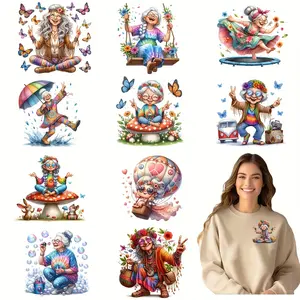 12pcs/set Hippie Old Lady Watercolor Transfer Stickers - DTF, Diy Material, Washable Hot Press Designs for DIY Crafts T-Shirts, Masks, Jeans, Backpacks - Colorful, Iron-On Appliques with Butterflies & Nature Elements, Iron-on Transfers, Vibrant Decals