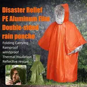 1PC Emergency Rain Poncho with Hood PE, Water-Resistant & Thermal Mylar Lined, Survival Blankets for Camping Gear, Waterproof Raincoat