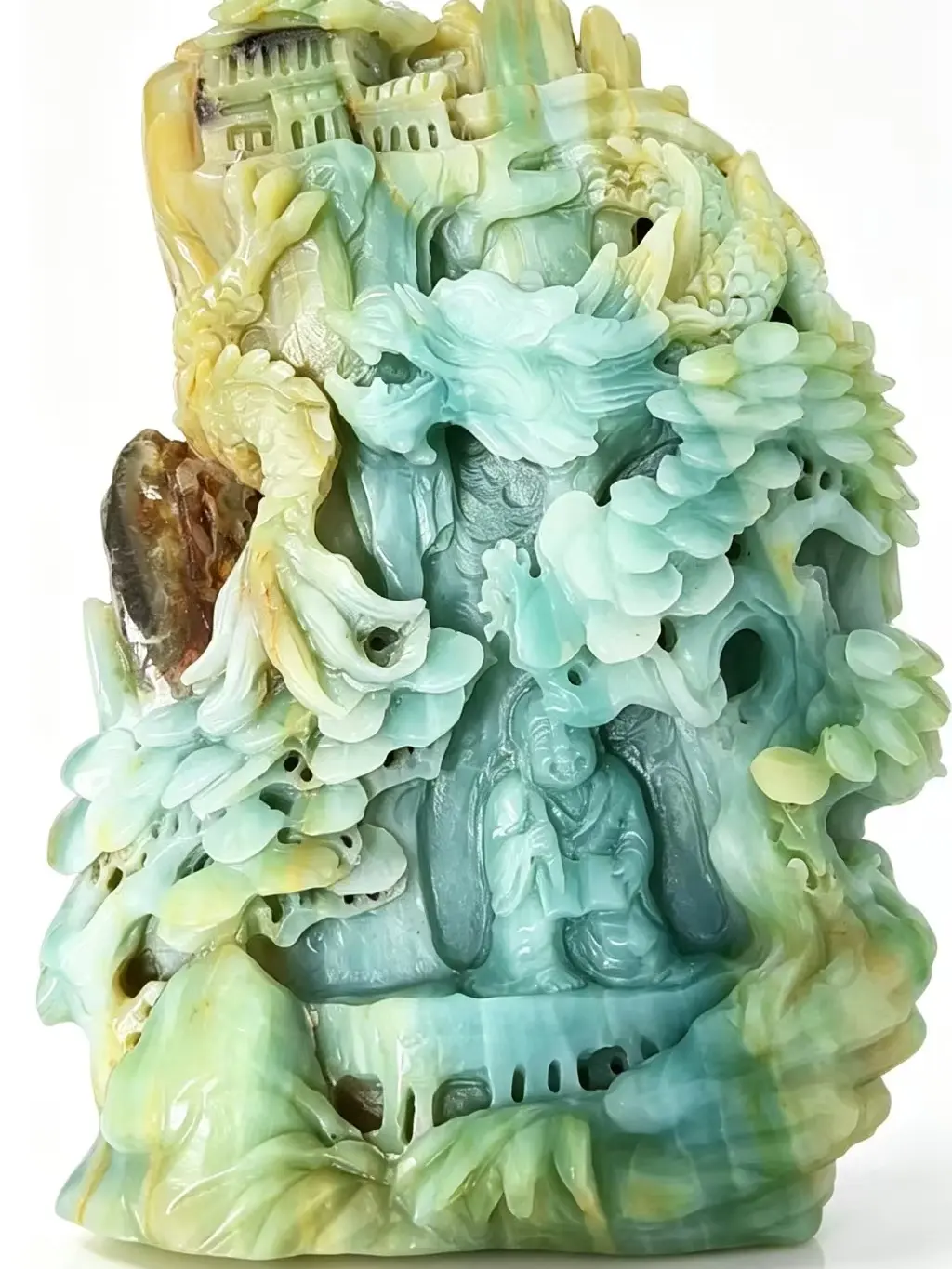Natural Caribbean Calcite Hand-Carved Landscape Sculpture - Dragon & Laughing Buddha Statue, Hollow Crystal Mountain Oriental Feng Shui Decor (Jewelry Accessories & Derivatives Natural Crystal Ornament)