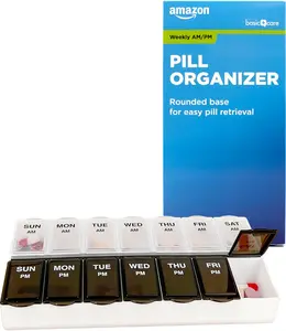 7 Day AM PM Pill Organizer, Weekly Vitamin Case with Large Compartments, Black Base with Clear Lids