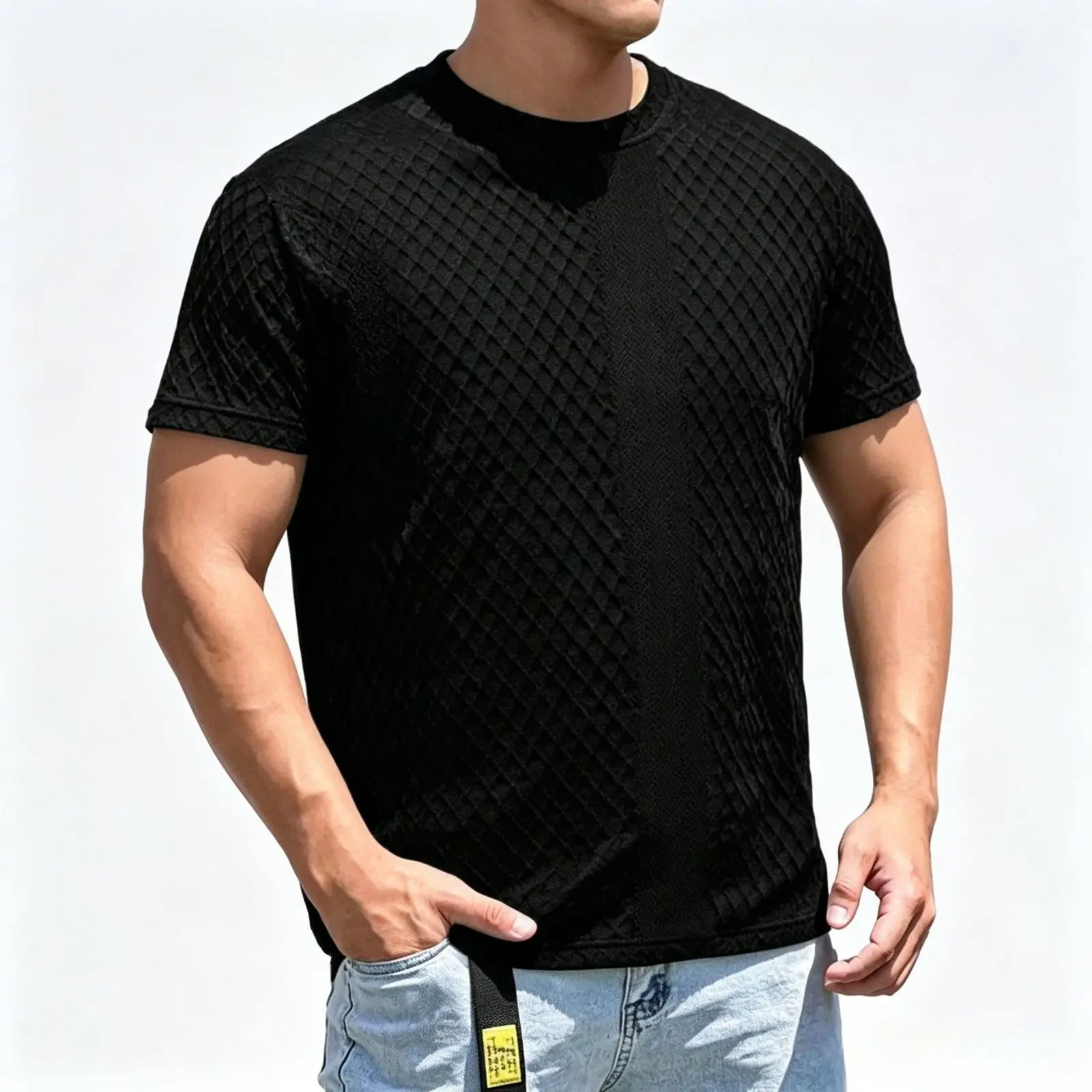 Men's Diamond Texture T-shirt, Stylish Classic Crew Neck Short Sleeve Top in Breathable Waffle Jacquard Fabric