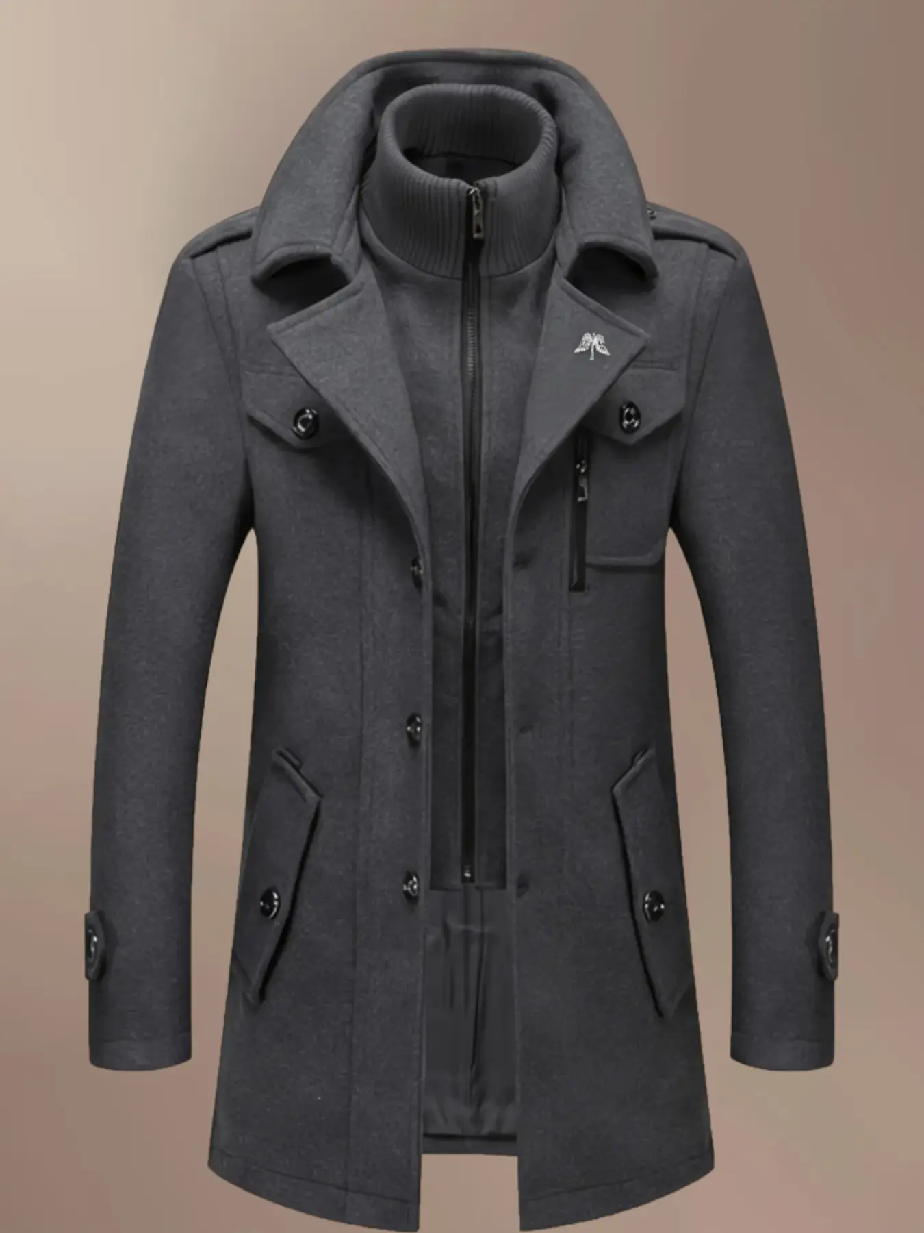 Men's Fashion Double Collar Mixed Fiber Long Coat, Casual Trendy Coat, Zipper and Pocket Design, Warm and Durable, Suitable for Business or Casual Autumn/Winter