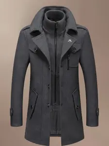 Men's Fashion Double Collar Mixed Fiber Long Coat, Casual Trendy Coat, Zipper and Pocket Design, Warm and Durable, Suitable for Business or Casual Autumn/Winter