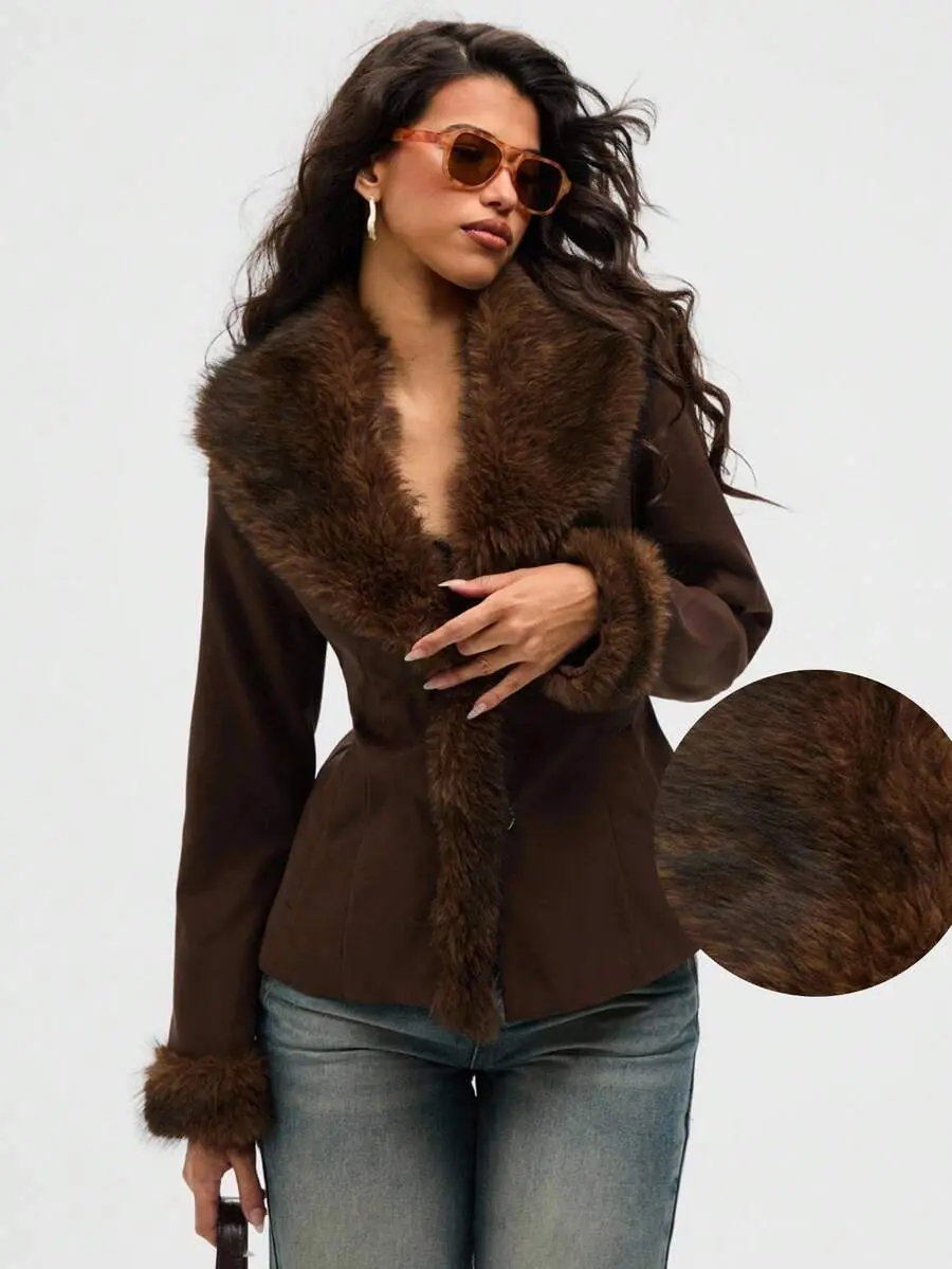 SUGAR BABE - Women's Dark Brown Retro Faux Fur Patchwork Coat, Warm Slim Waist Boho Jean Jacket Outerwear For Winter & Homecoming