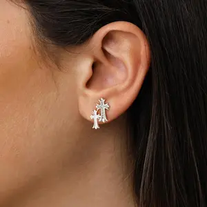 Gold Double Cross Stud Earrings for Women and Men 14k Gold Plated Small PaveCZ Dangling Hypoallergenic LightweightAccessory with Zircon Decoration