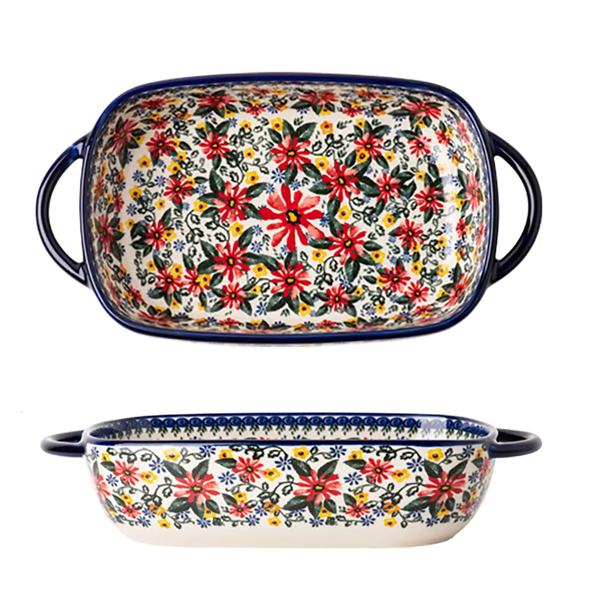Elegant Ceramic Oval Dish with Handle, Hand-Painted Polish Floral Design, Microwave & Oven Safe, Perfect for Festive Roasts, Roasting, Stews & Dishes, Plates Bowls, Kitchen Plates