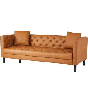 【GARVEE】Modern Leather Chesterfield Sofa, 81" 3-Seater Couch with Deep Seats, Button Tufted Design, Includes 2 Pillows, Brown Sleeper Sofa Ideal for Living Room, Apartment, or Office