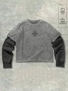 Men's Saint Layered Long Sleeve Shirt, Soft Washed Body with Graphic Print Design, Relaxed Fit Casual Short Top for Campus and Weekend Errands