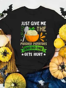 100% Cotton Women T-shirt Funny Thanksgiving Mashed Potatoes Quote T-Shirt  Print Round Neck Short Sleeve T-Shirt For Women Casual, Summer, Women Top Graphic Tees Women Tops
