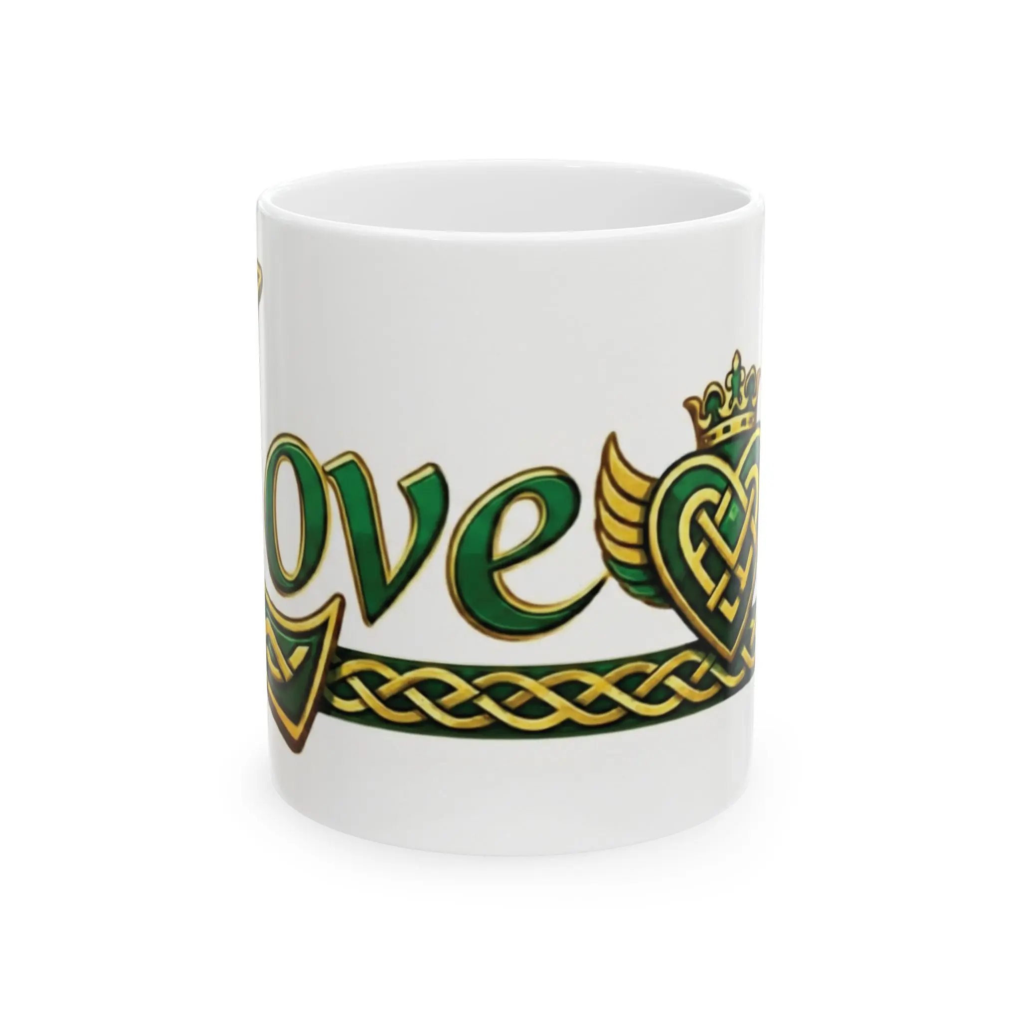 11oz St. Patrick Celtic Love Script Ceramic Gloss Mug - Celtic-Inspired Design, Green-Gold Knotwork, Vibrant Crisp Full-Color Printing, Lead-Free, Microwave-Dishwasher Safe Kitchen Drinkware for Hot Coffee, Tea