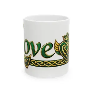 St. Patrick Celtic Love Script Mug | Green Gold Knotwork Ceramic Mug