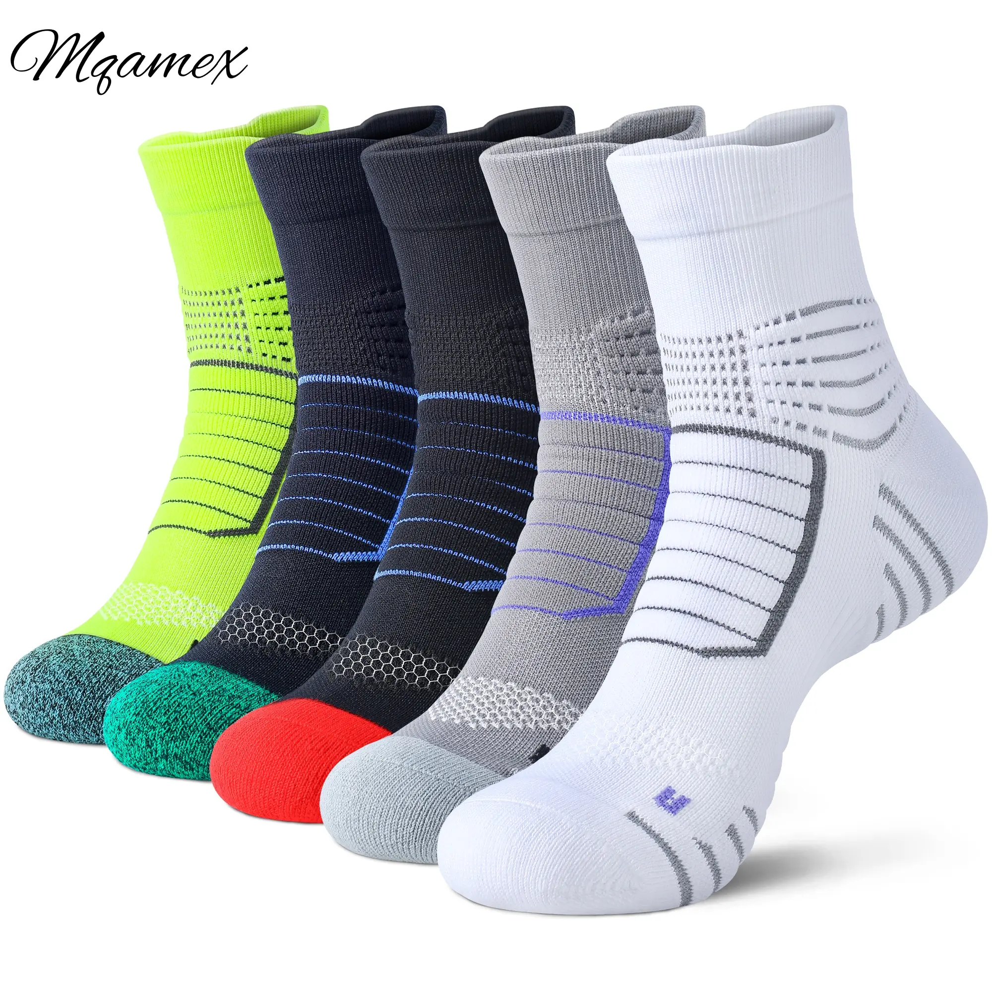 Men's Athletic Mid-Calf Socks, 5-Pair Assorted Striped Pack, Moisture-Wicking, Shock-Absorbing for Sports, Assorted Colored Mid-Calf Socks, All Seasons, Cotton Blend, Breathable Socks, Outdoor Running Socks