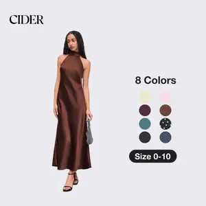 Cider Satin Halter Neckline Backless Maxi Dress