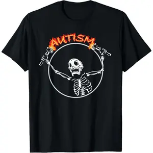 Casual Round Neck Shortsleeve Fashion Cotton Graphic Tees Autism Awareness Skeleton Cringe Meme Autism Mom Funny T-Shirt