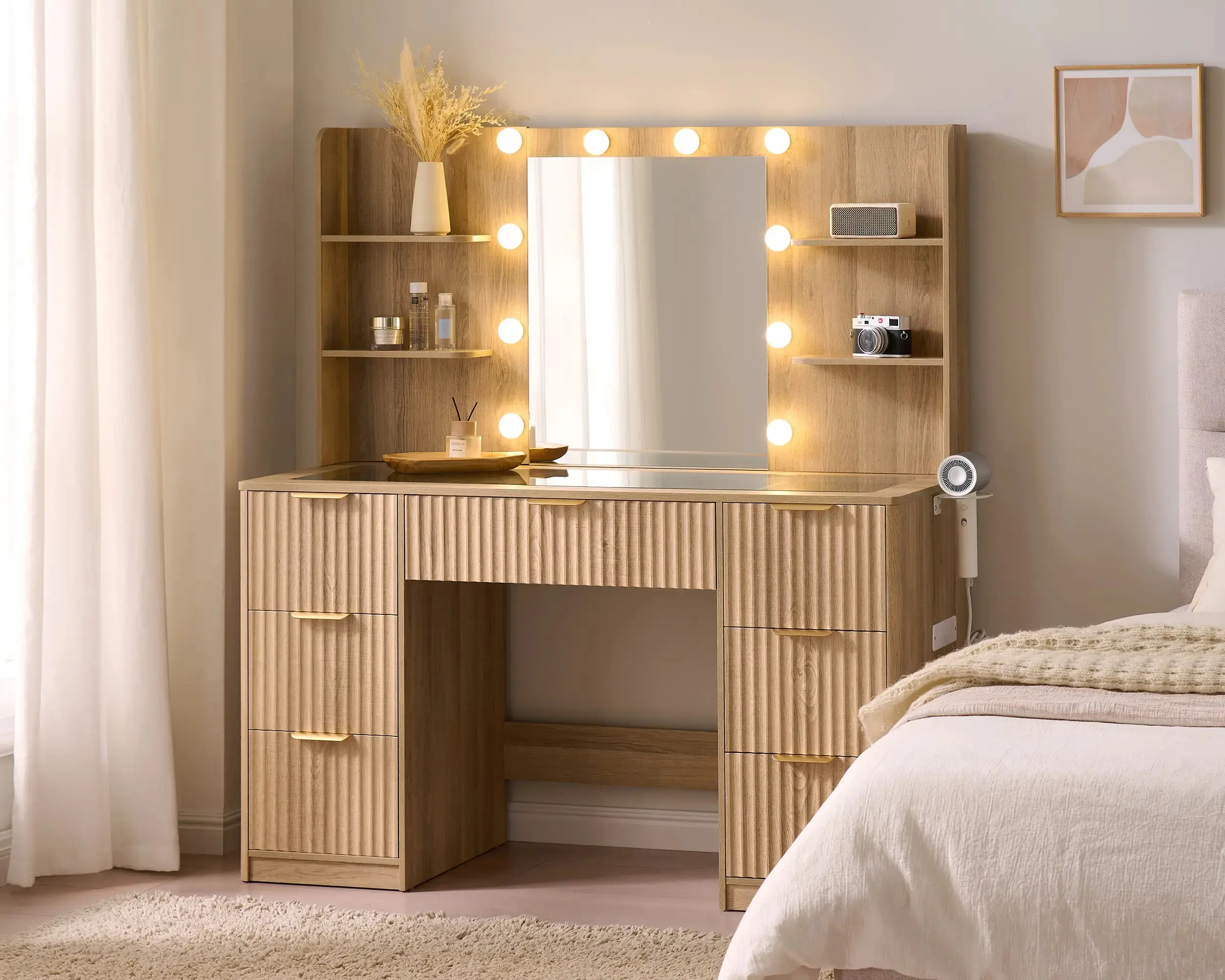 36.2/47.2" Fluted Vanity Desk with Mirror and Adjustable LED Lights, Large 4/7 Drawers Makeup Table with Glass Top and Charging Station for Women and Girls, Bedroom or Dorm/Best Gift Ideas/Christmas Gifts