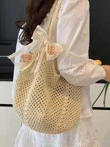 Lace Bow Crochet Mesh Tote Bag, Hollow Out Knit Shoulder Bag, Lightweight Women's Beach Shopping Bag, Summer Casual Essential
