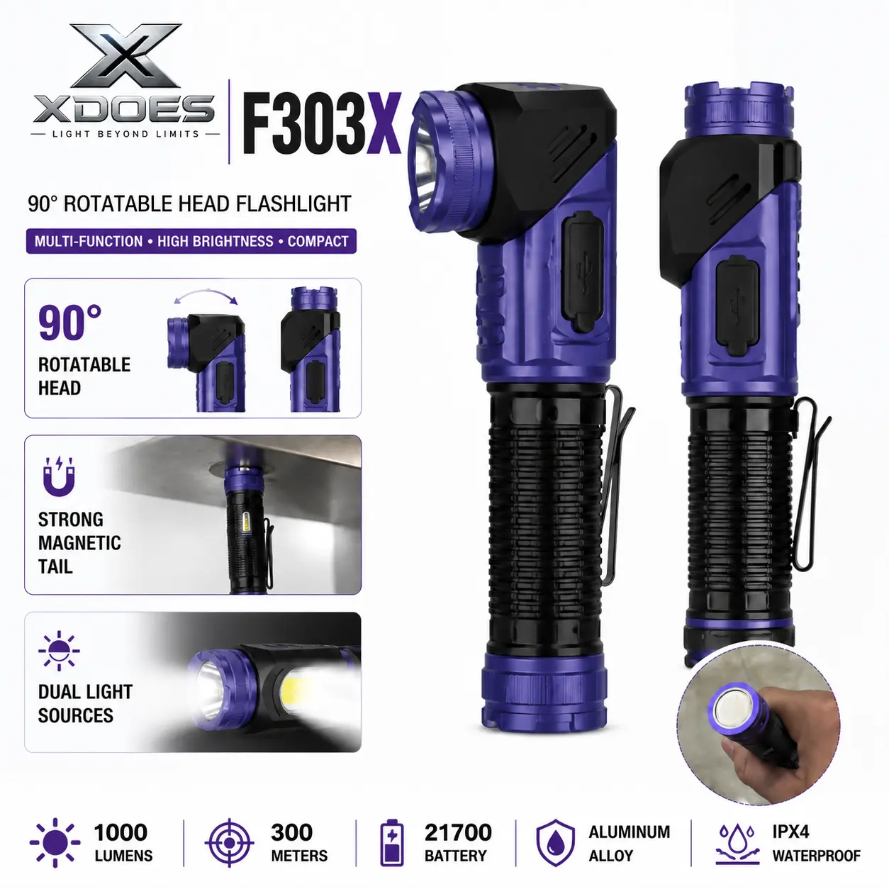 XDOES F303X Aluminum Compact Functional 1000-Lumen Rechargeable Work Flashlight, 90° Rotating Head, COB & UV Light, Magnetic Base, IPX4 Water-Resistant, Hands-Free Outdoor Tool for Camping, Repairs