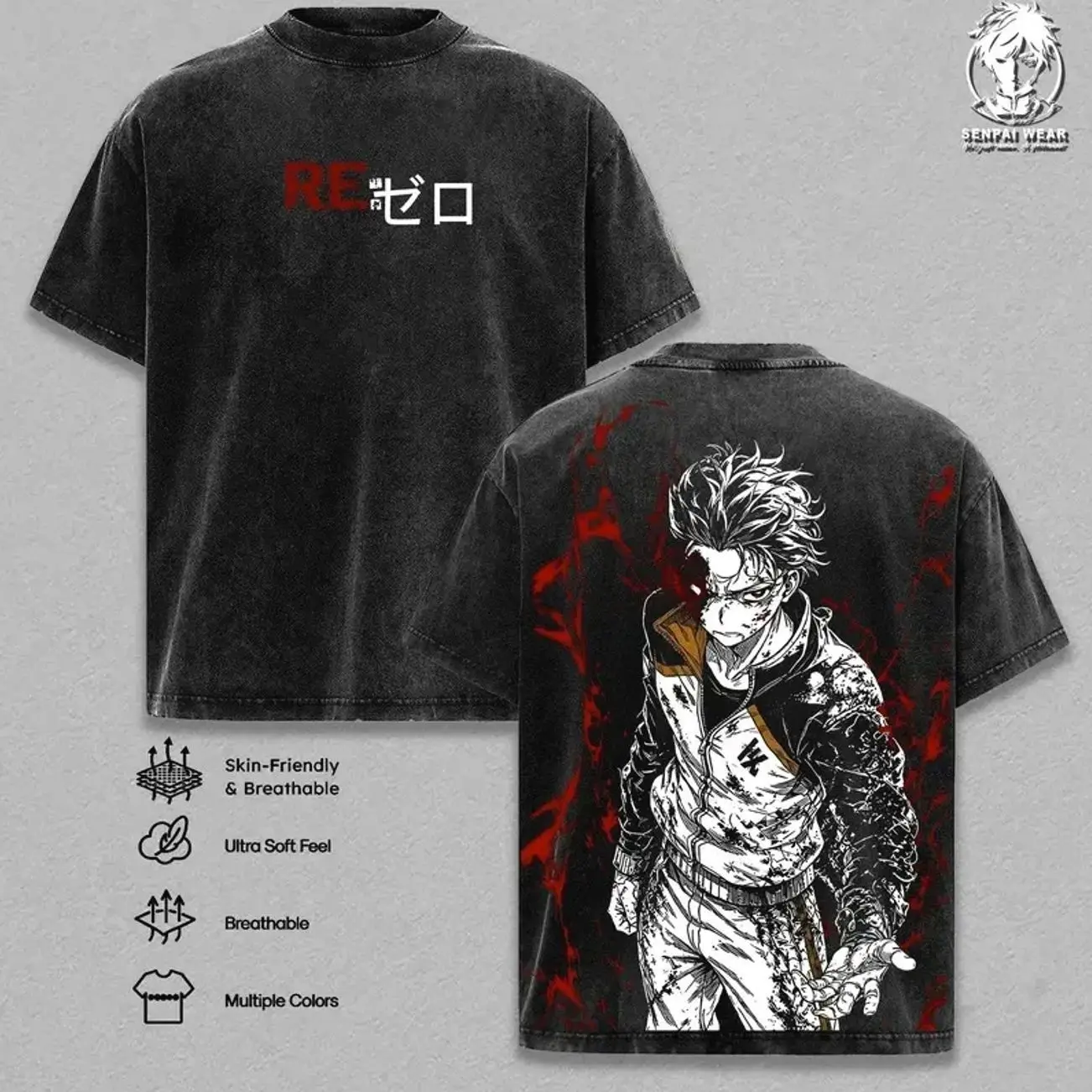Subaru Natsuki Re:Zero Vintage Washed T-Shirt, Return by Death Dark Fantasy Anime Oversized Streetwear Tee, Heavy Cotton Retro Graphic Unisex Shirt, Manga Aesthetic Top Gift for Re:Zero Fans 9WQ