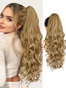 Ponytail Extension, Claw Clip Long Wave Highlighted Auburn, Fluffy Natural Synthetic 24 Inch Hairpiece for Women, Daily Use