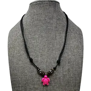 Pink Howlite Turtle Necklace - Adjustable Handmade Black Cord Jewelry with Unique Pink Turtle Pendant