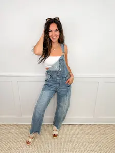 Saige Jaedyn Rigid Distressed Fray Hem Barrel Leg Medium Wash Overalls