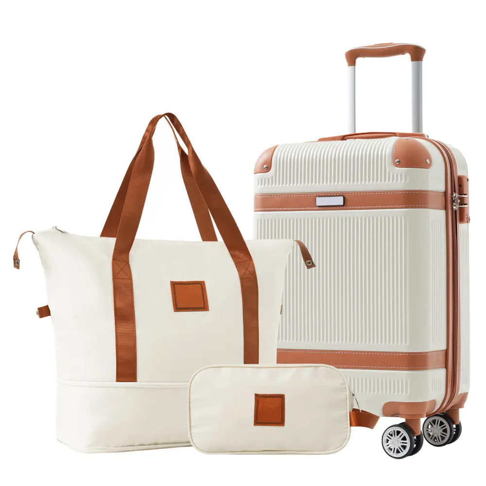 3-Piece Hardshell Luggage Set, 20in White Carry-On Suitcase with Double Spinner Wheels & TSA Lock, Durable Travel Duffel & Toiletry Bag (Includes Gym Bag Functionality)