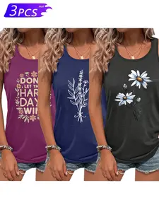 Women's Floral Sleeveless Three-Piece Set Tank Top, Casual Stretchy Shirt, Round Neck, All-Season, Fun Design, Elastic Fabric, Floral Cami Top
