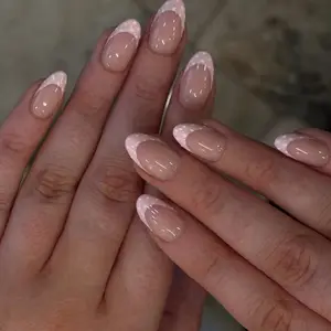 24pcs Oval Short Fake Nails, Nude Base + Light Polka Dot French Tip, Reusable, Beginner Friendly, DIY Nail Art, Includes Jelly Glue & Nail File